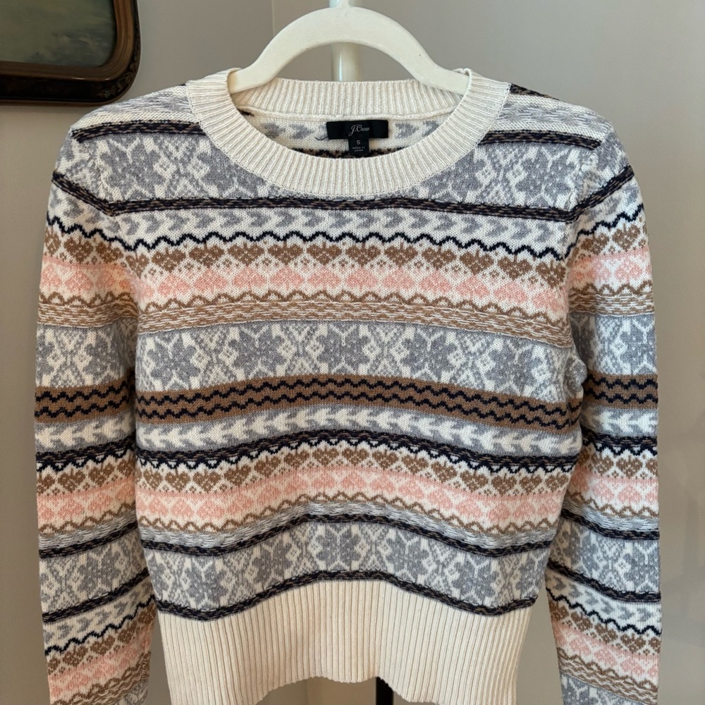 J. Crew Cream, Pink & Gray Fair Isle Crewneck Sweater - Picture 2 of 7